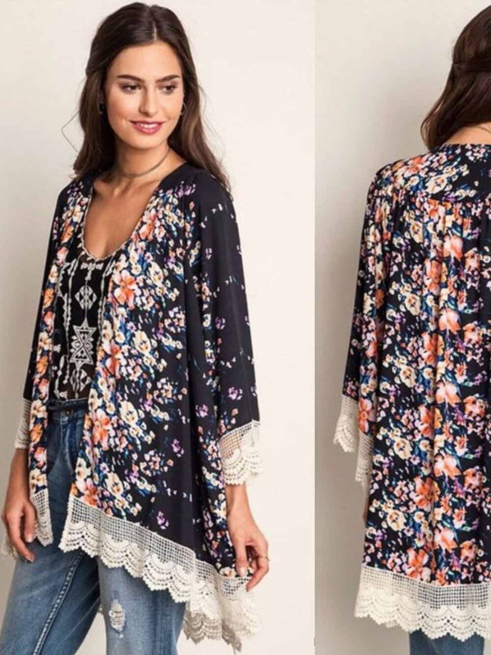Umgee ~ Black Floral Kimono with White Crochet Accents ~ VGUC ~ One Size L / XL